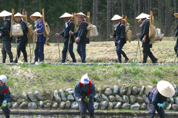 仮装者と田植え