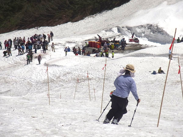 雪渓でスキーをする参加者